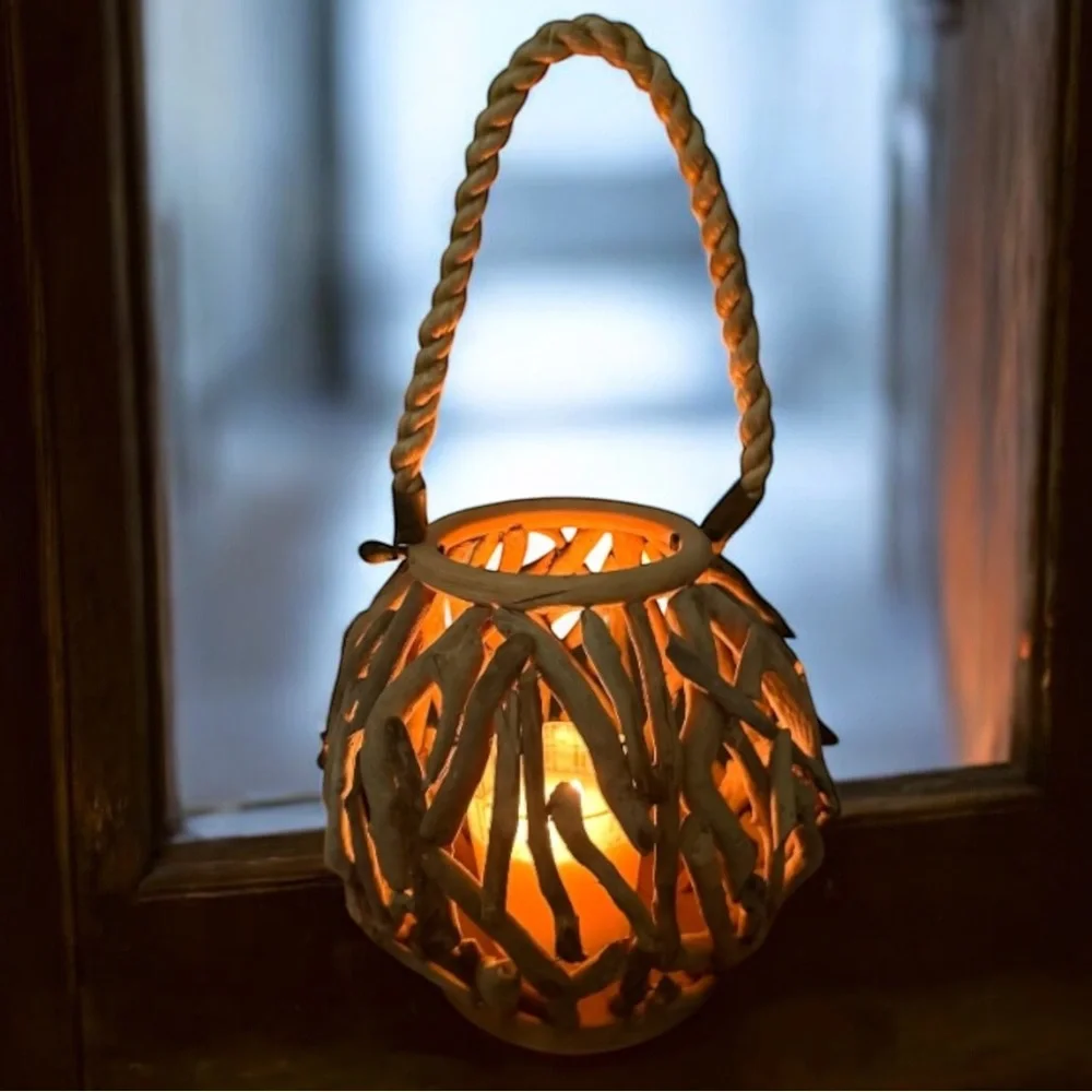 Driftwood Lantern Round Rustic Candle Coastal Design